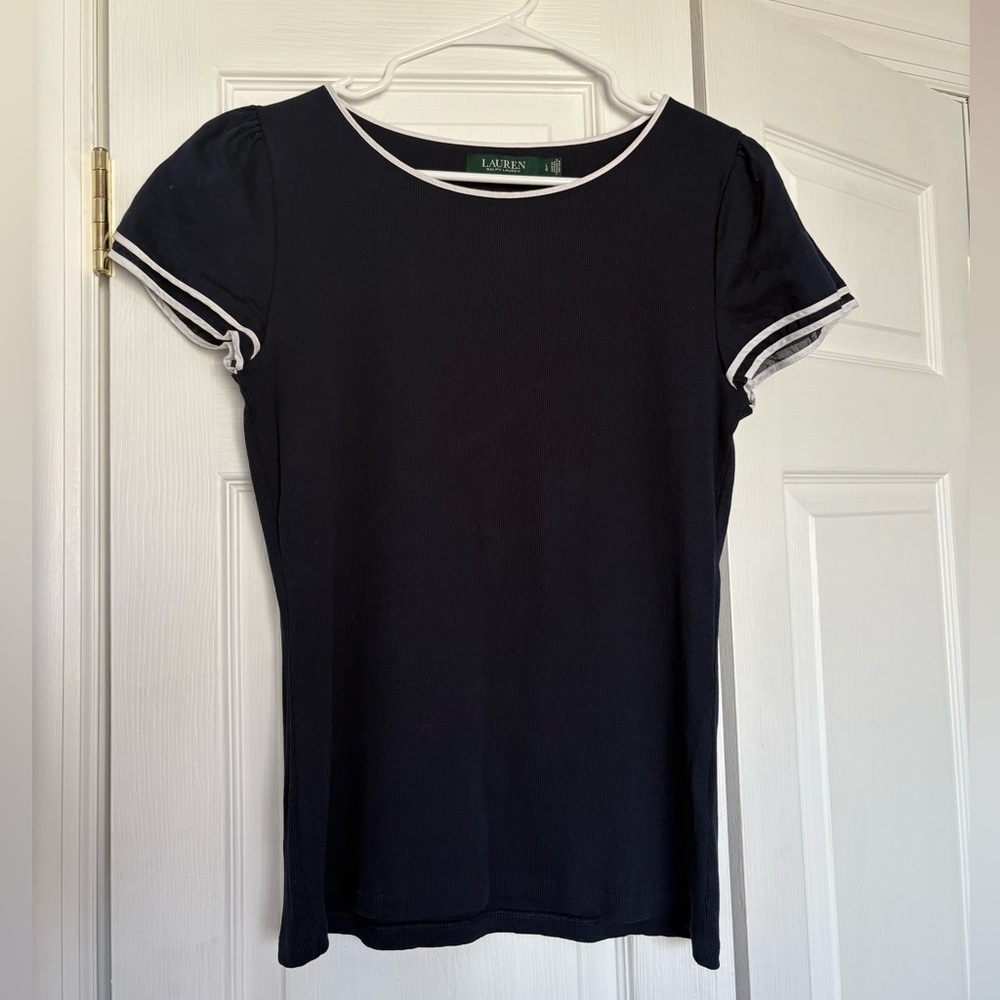 Ralph Lauren Navy flutter Sleeve Tee with White Trim Accents